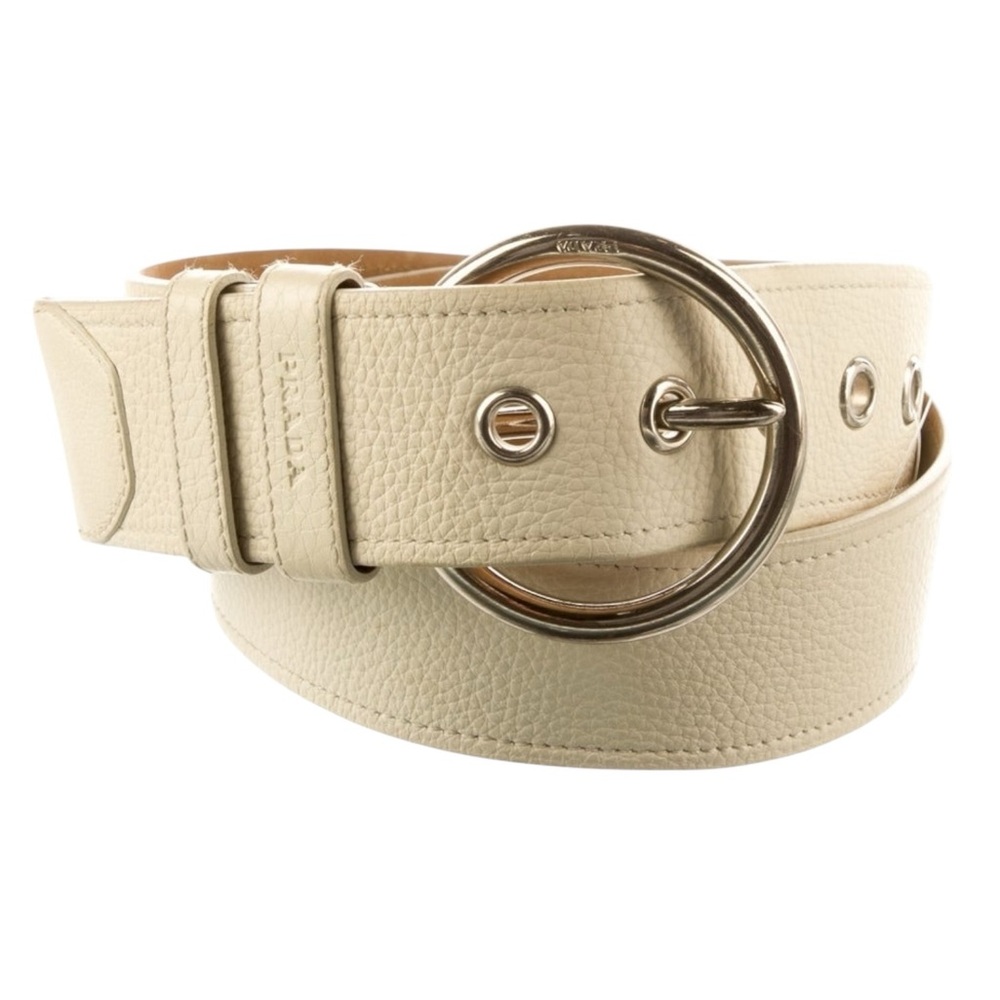Prada Off-White Leather Belt with Silver Ring Buckle - Picture 2 of 11
